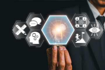 Digital icons symbolize corporate identity, innovation, and strategy in a business setting.