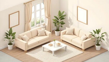 A cozy, minimalist living room scene, rendered in an isometric style.