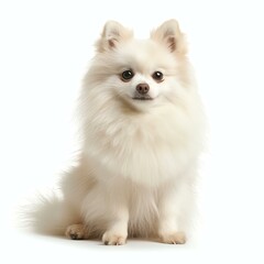 Obraz premium A playful and fluffy white Pomeranian dog sitting gracefully. Its charming expression and soft fur make it a delightful companion, perfect for showcasing the joy of pet ownership.