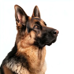 A majestic German Shepherd dog with alert eyes and a strong build, showcasing its noble features against a clean white background, symbolizing loyalty and protection.