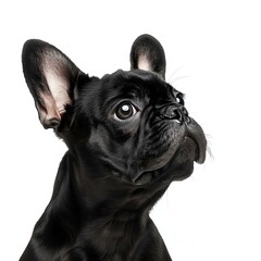A close-up portrait of a black French Bulldog showcasing its unique features and expressive eyes. This image captures the charm and personality of this popular dog breed.