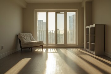 Fototapeta premium Serene Apartment Interior with Natural Light, Chair, Cabinet, and City View