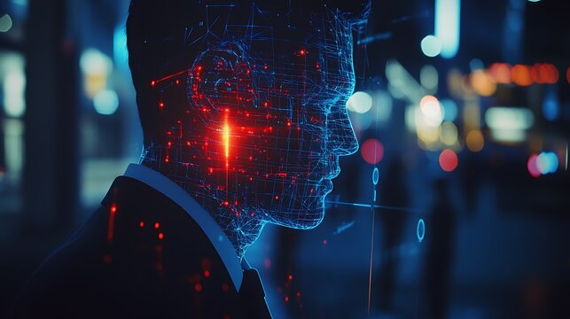 A businessman monitoring a holographic intrusion detection system (IDS), AI-powered anomaly recognition protecting digital assets