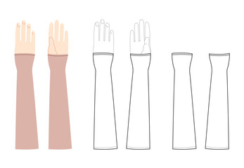 Gauntlets Gloves Elbow length crean tan cartoon and flat CAD mockup Fashion hand accessory clothing technical illustration garment. Vector for Men, women, unisex style template sketch outline on white