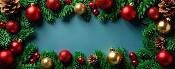 Fototapeta premium Neat rows of pine cones & gleaming ornaments form a rectangle , glitter, top view