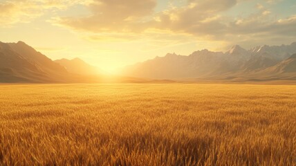 Fototapeta premium Golden Wheat Field Sunset Mountain Landscape