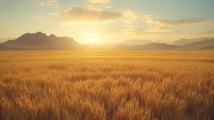 Fototapeta premium Golden Wheat Field Sunset Mountain Landscape