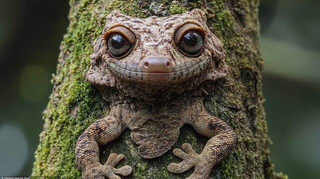 Cryptic Leaf Tailed Gecko camouflaged perfectly against a mossy tree trunk its intricate patterns blending seamlessly