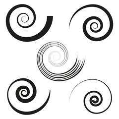 Circular spiral set. Black white swirls. Abstract artistic curves. Vector graphic style.