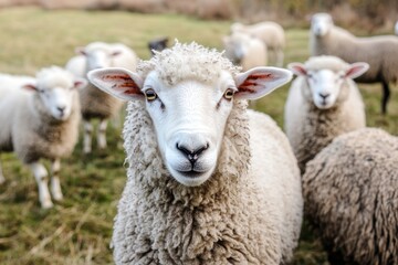 Obraz premium Close-up of a curious sheep in a lush green pasture surrounded by grazing flock