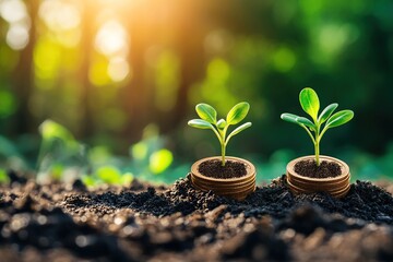 Seedlings Growing from Coins: Investing in Sustainable Growth, Financial Prosperity, and Environmental Sustainability.