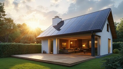 Obraz premium Modern Sustainable Home Design Solar Panels & Open Living