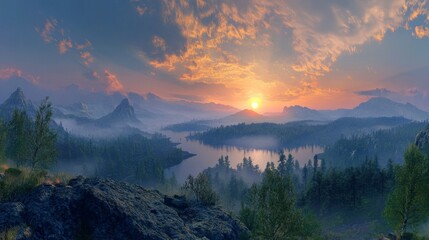 Obraz premium Serene Sunset over Mountain Lake