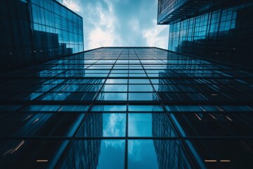 Upward View of Modern Office Buildings with Glass Facades Reflecting Sky and Clouds