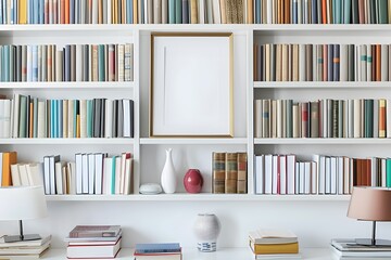 White Bookshelf with Books and Blank Frame