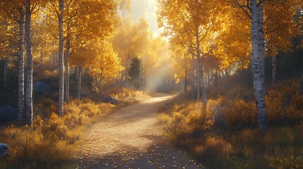 A peaceful path through an autumn forest with sunlight streaming through golden trees, centered on a solid soft beige background