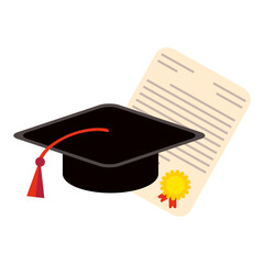 Black graduation cap and diploma certificate. Education and graduation concept. Hand drawn vector illustration in flat style.