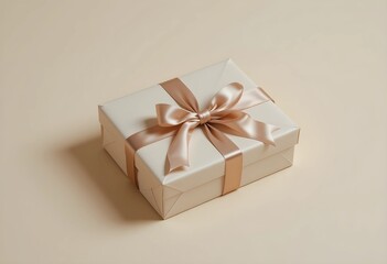 Obraz premium A neatly wrapped gift box with a satin ribbon on a soft beige background. Crisp edges, smooth paper, and soft lighting create a clean, minimalist composition ideal for celebrations and gifting themes.