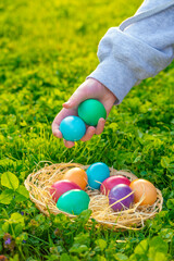 Easter holiday tradition.Hand Holding Colorful Easter Eggs in Grass. Finding and collecting Easter eggs in the spring garden.Child Picking Colorful Easter Eggs in Grass.