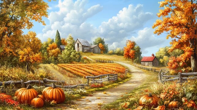 Autumn scene with pumpkins, barn, field, and colorful fall trees in a countryside. Evokes feelings of harvest, Thanksgiving, or the beauty of the fall season.