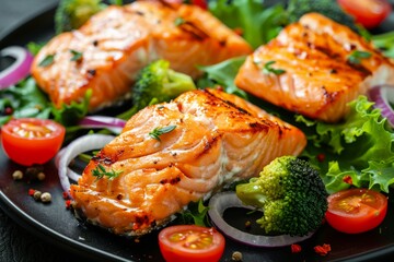 Grilled salmon on fresh vegetable salad. AI generated