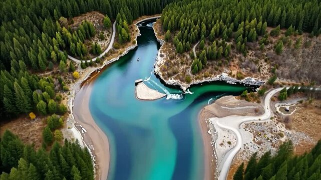 Aerial perspective capturing a confluence where river meets dense forest