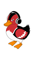 An isometric, high-resolution illustration of a red, white, and black duck wearing headphones