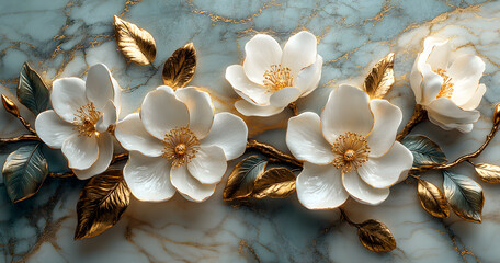Luxury 3D Floral Wall Art with White and Gold Flowers on Marble Background