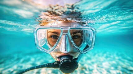 Fototapeta premium A person wearing diving equipment underwater in blue water
