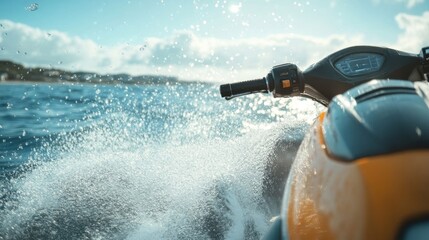 Naklejka premium A yellow personal watercraft speeding across a blue ocean surface