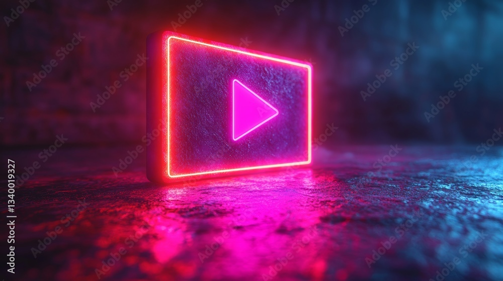 Poster Glowing neon play button on textured surface, digital media concept