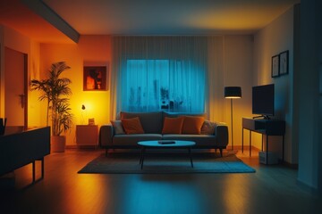 Modern living room interior with sofa, television, floor lamp and decor illuminated by orange and blue mood lighting