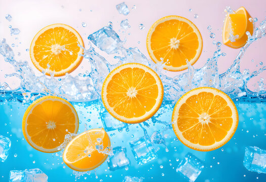 Fresh sunkist orange Slices Splashing in Water with Ice Cubes