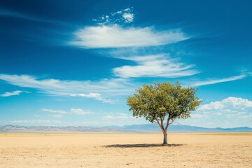 Solitary Tree Amidst Vast Desert Landscape Under Blue Sky With Cloud Formations