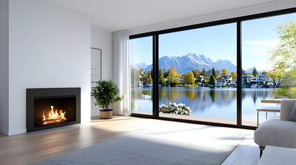 Fototapeta premium Modern Lakeside Lounge with Cozy Fireplace and Mountain View
