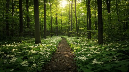 Obraz premium Forest path winding through lush green trees and wildflowers in dappled sunlight