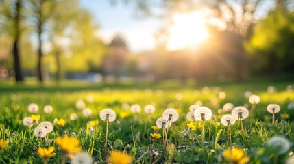 Fototapeta premium Dandelion Seed Heads in a Green Meadow Bathed in Warm Sunlight