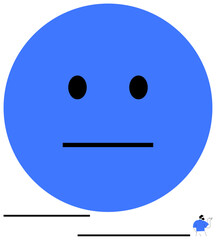 Large blue circle with black neutral face atop minimal lines small figure observing on lower-right. Ideal for emotion, simplicity, mindfulness, detachment, observation, individuality, balance. Flat