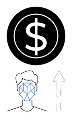 Dollar sign inside circle, geometric face scan pattern over silhouette, upward arrow. Ideal for finance, AI, technology, innovation, growth analytics digital economy. Flat simple metaphor