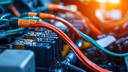 Fototapeta premium Exploring Electric Vehicle Battery Technology: High-Voltage Wiring and Connectors in Modern EVs, Powering Sustainable Transportation