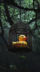 Yellow rubber duck trapped in rusted cage in misty forest. Surreal wildlife scene