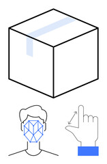 Box with tape, human face with recognition pattern and hand gesture icons. Ideal for delivery, technology, identity security, AI systems, communication, innovation abstract process. Flat simple