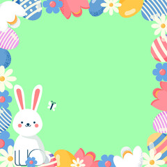 Frame with Easter eggs , spring flowers and cute bunny. Vector illustration in flat style in pastel colors. Ideal for greeting cards, invitations