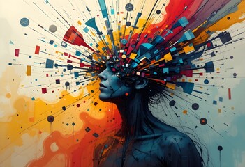 An abstract composition with dynamic lines, fragmented shapes, and distorted perspectives in a vibrant color palette. A visual representation of inner turmoil, chaos, and mental distress.