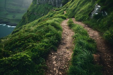 Obraz premium Green Cliffside Hiking Trail Path Above Ocean