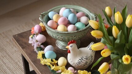 Obraz premium Charming Easter Decor with Pastel Eggs, Tulips, and Ceramic Hen Centerpiece