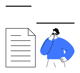Person in blue pondering while viewing document on table. Ideal for decision-making, analysis, planning, focus, problem-solving, brainstorming, evaluation. Flat simple metaphor