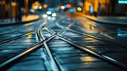 City tram tracks and lights reflect on wet pavement at night