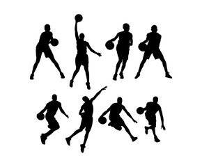 Set of sporty men silhouettes workout playing basketball, hobbies and leisure