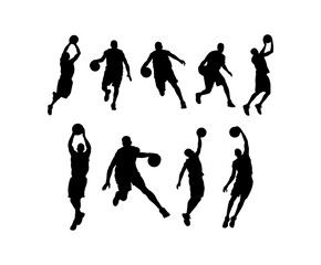Set of sporty men silhouettes workout playing basketball, hobbies and leisure